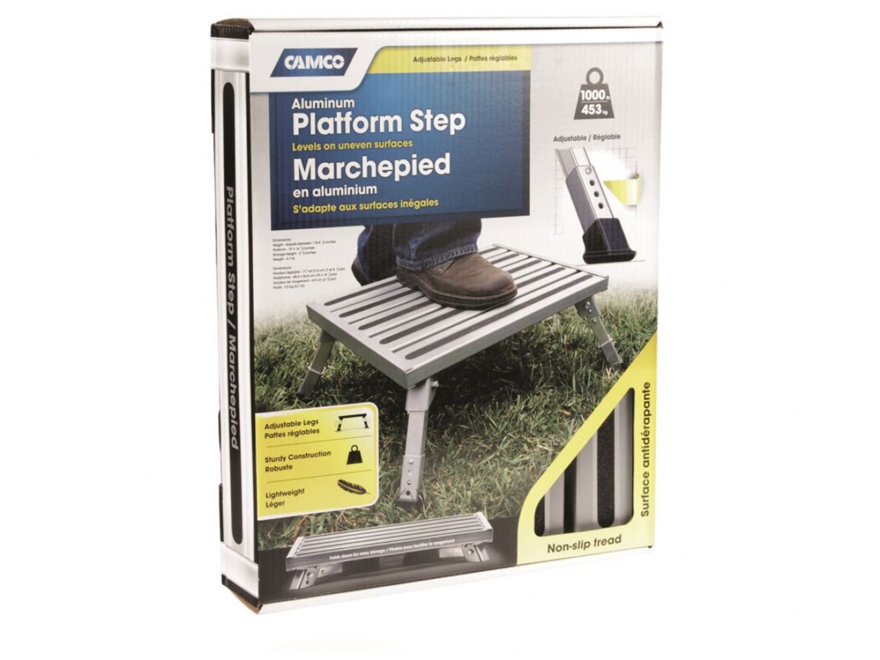 Camco Step Stool - Aluminum Platform Step, Adjustable Height Bilingual