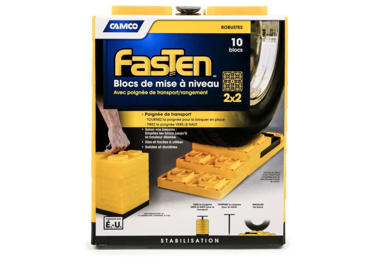 Camco FasTen Leveling Blocks - w / T-Handle,2x2,Yellow 10 Pack Bilingual