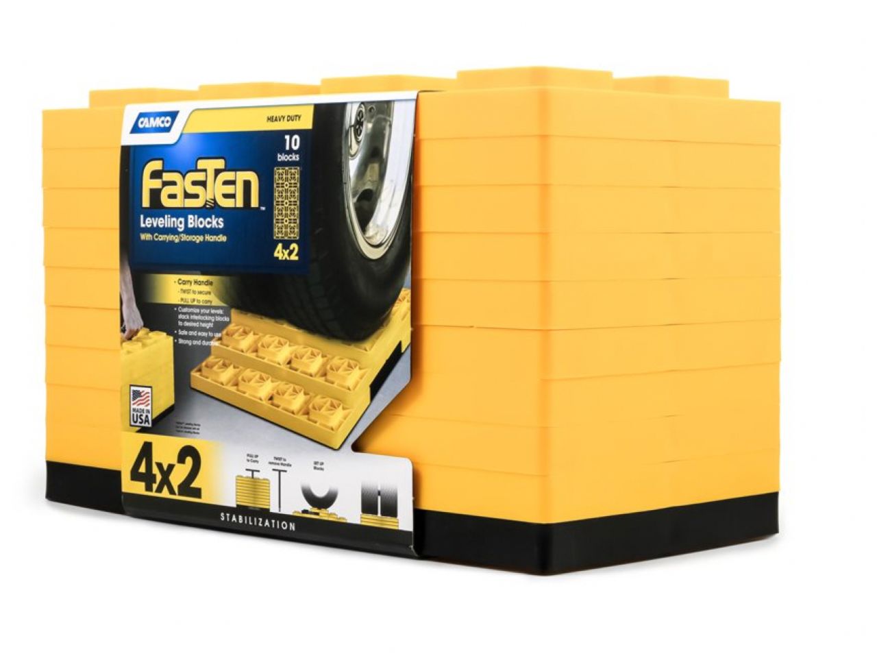 Camco FasTen Leveling Blocks - W/ T-Handle,4x2,Yellow 10 Pack Bilingual