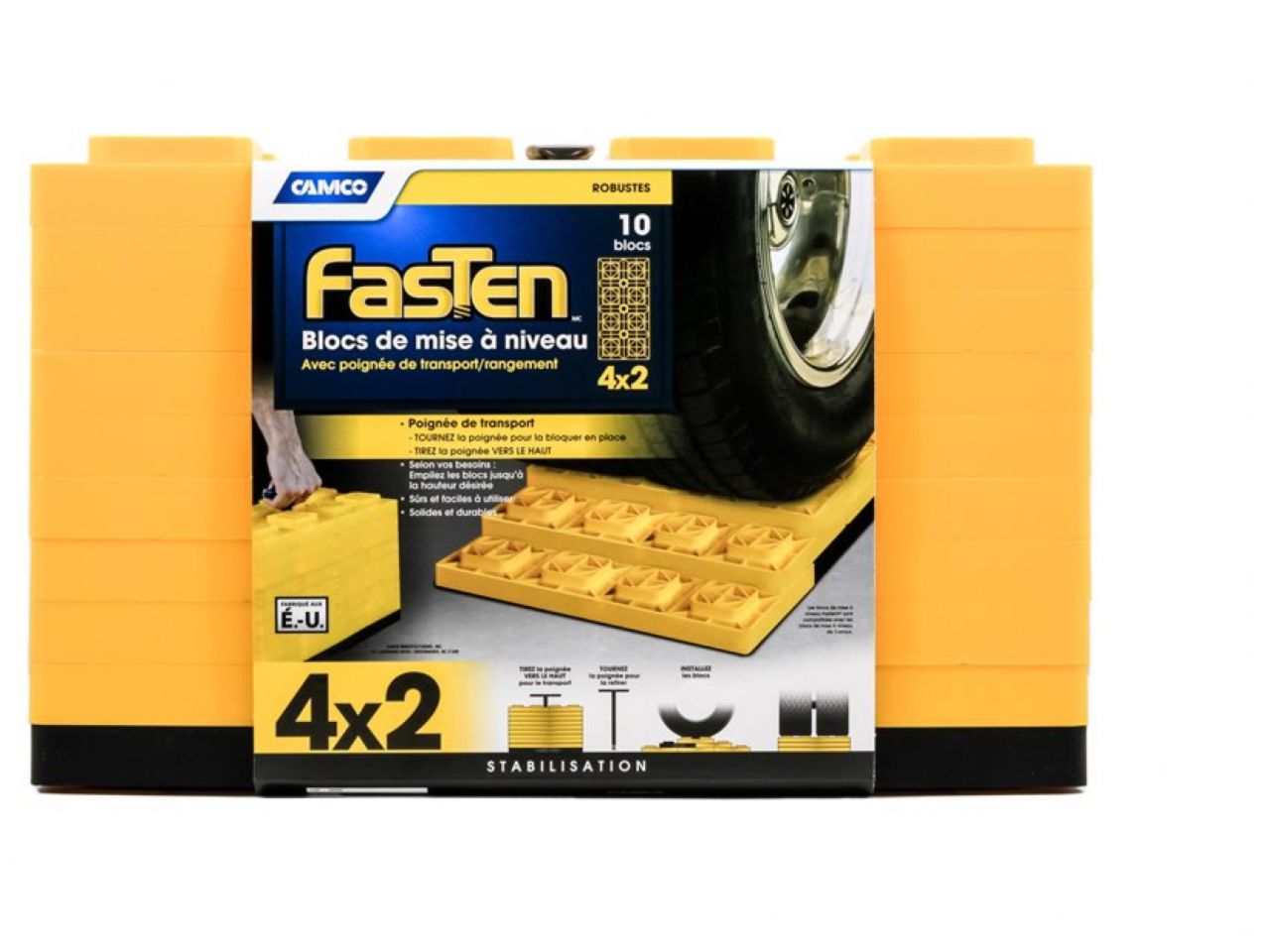 Camco FasTen Leveling Blocks - W/ T-Handle,4x2,Yellow 10 Pack Bilingual