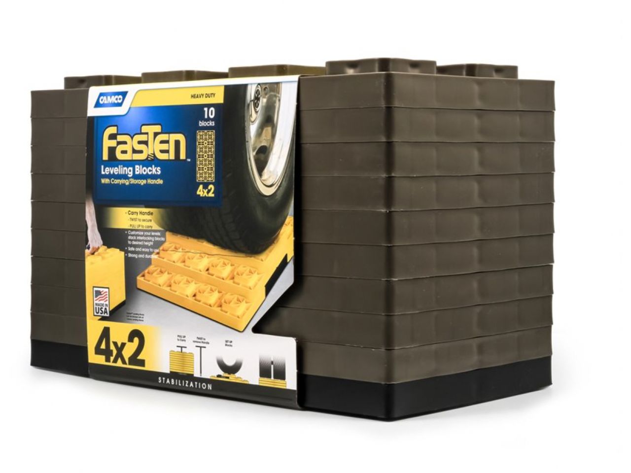 Camco FasTen Leveling Blocks - W / T-Handle,4x2,Brown 10 Pack Bilingual