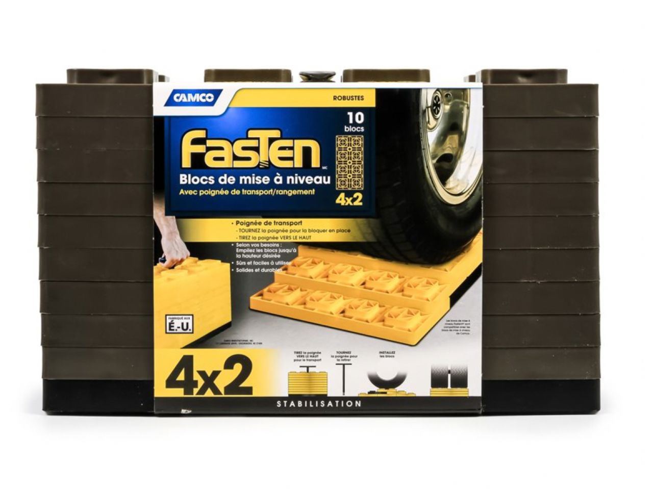 Camco FasTen Leveling Blocks - W / T-Handle,4x2,Brown 10 Pack Bilingual