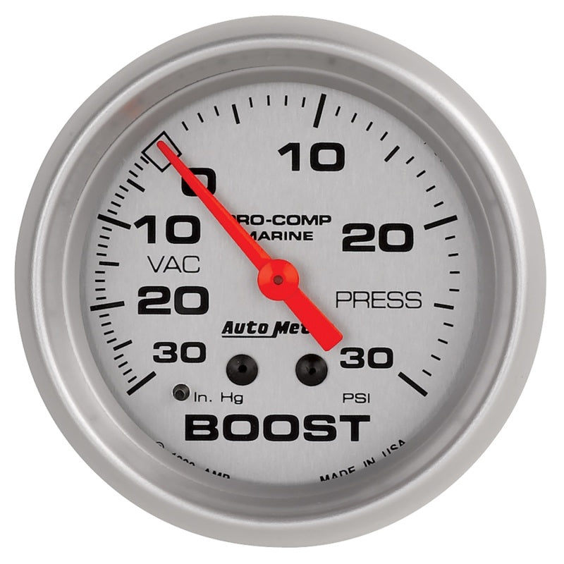 AutoMeter Marine Vac/Boost Gauge 2 5/8in  30INHG 30PSI Mechanical- Silver 200775-33