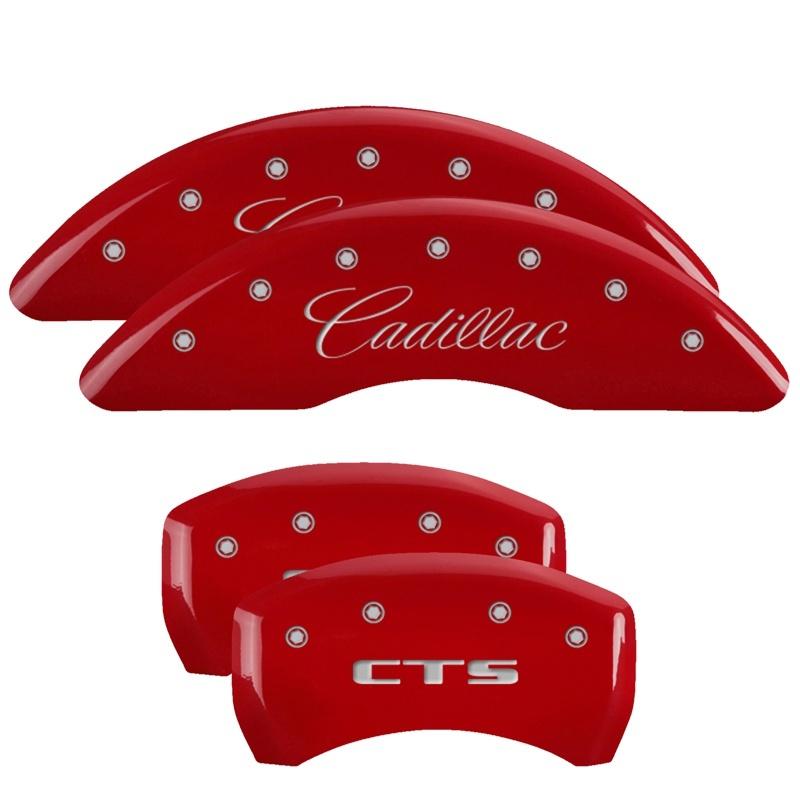 MGP 4 Caliper Covers Engraved Front & Rear Cursive/Cadillac Red finish silver ch 35011SCADRD Main Image