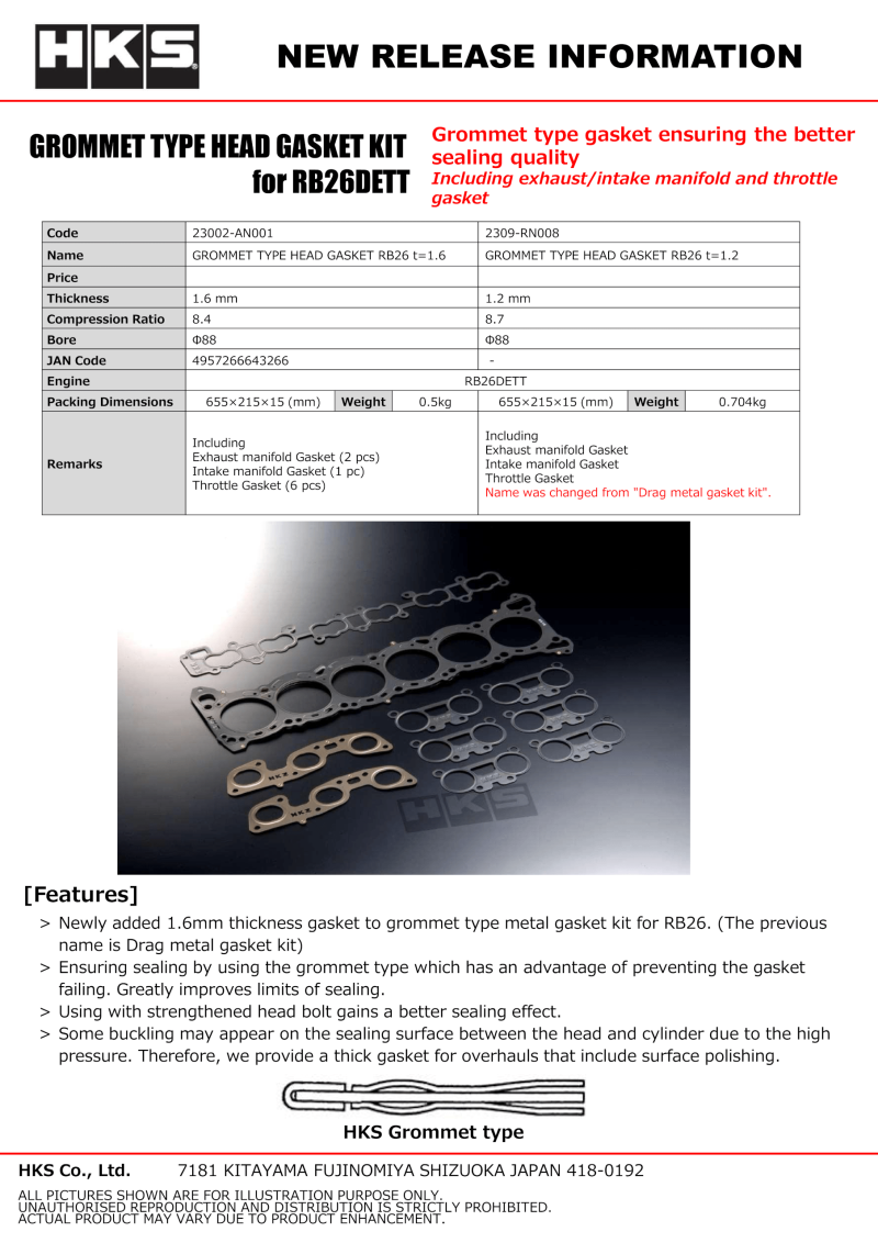 HKS RB26 88mm Bore 1.6mm Thick Grommet Type Head Gasket 23002-AN001