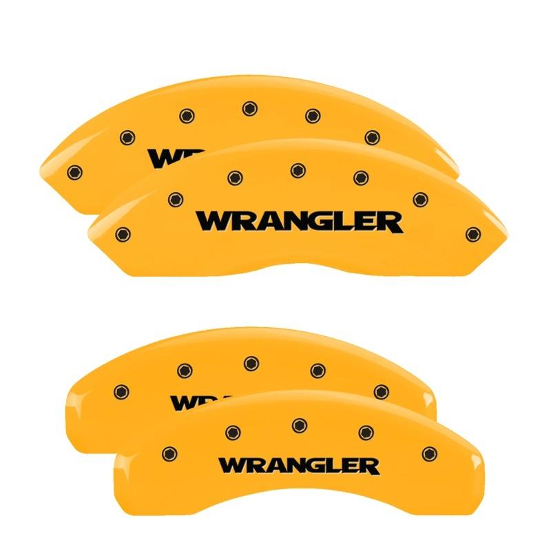 MGP 4 Caliper Covers Engraved Front & Rear Wrangler Yellow Finish Black Char 2018 Jeep Wrangler 42019SWRGYL Main Image