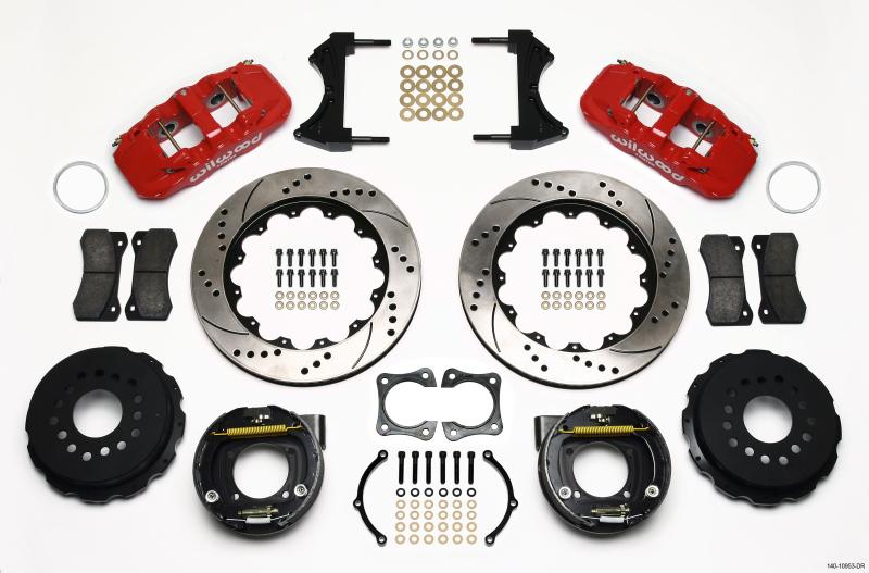 Wilwood AERO4 Rear P-Brake Kit 14.00in Drill Red 58-64 Olds/Pontiac Ends 2.81in Offset 140-10953-DR Main Image