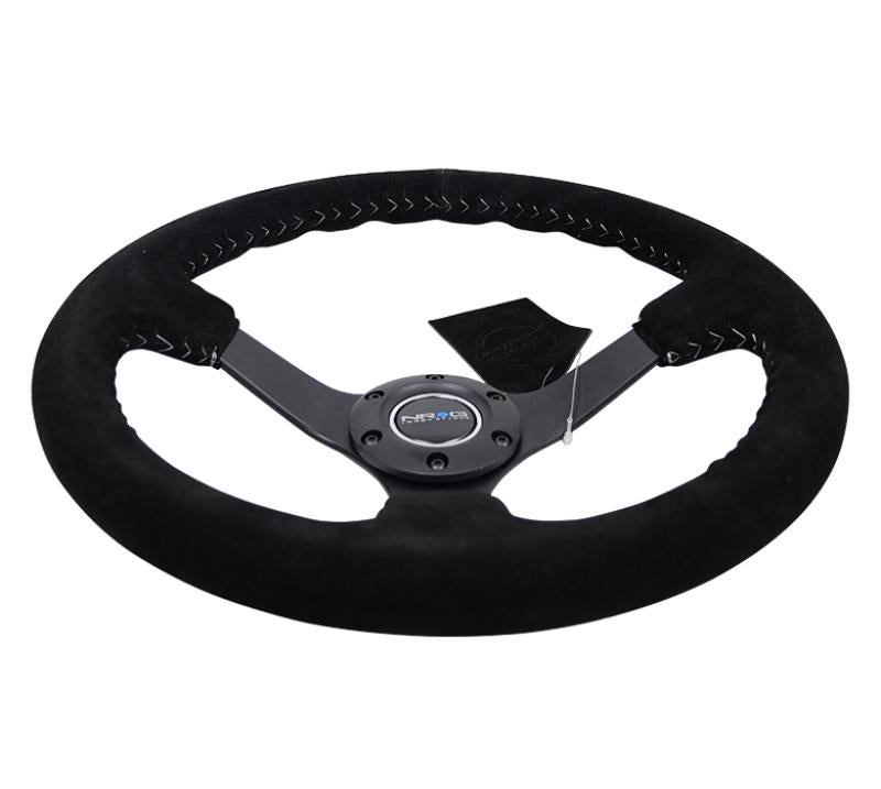 NRG Reinforced Steering Wheel (350mm / 3in. Deep) Blk Suede/Silver BBall Stitch w/5mm Mt. Blk Spokes RST-036MB-S-SL Main Image