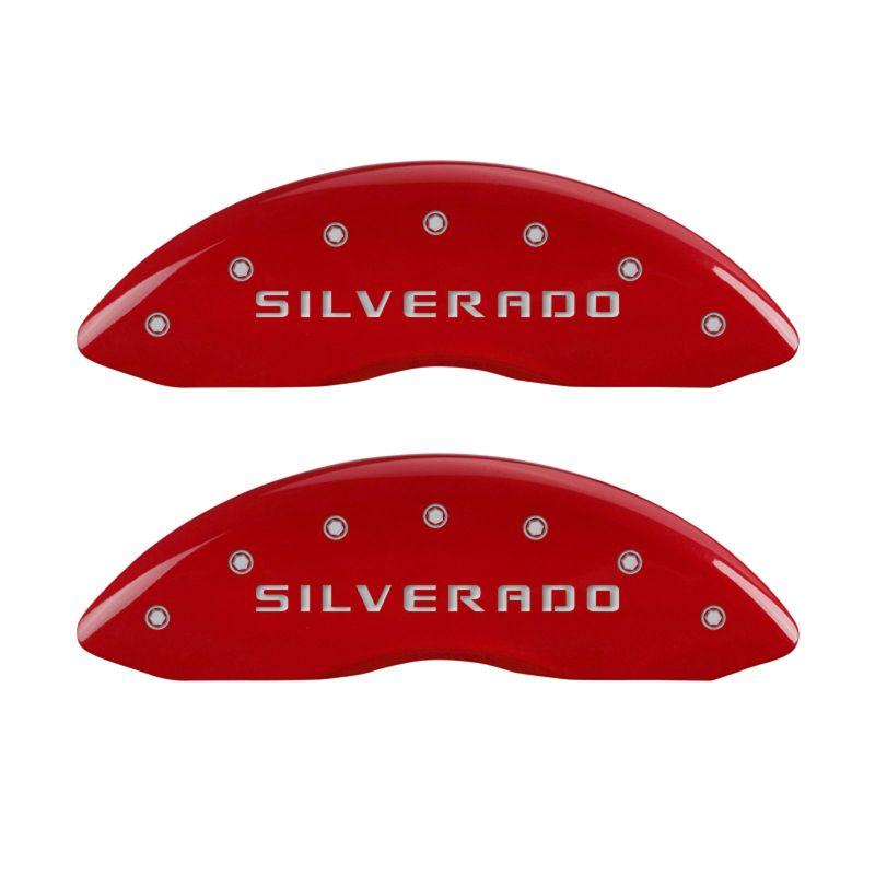 MGP 4 Caliper Covers Engraved Front & Rear Silverado Red finish silver ch 14048SSILRD Main Image