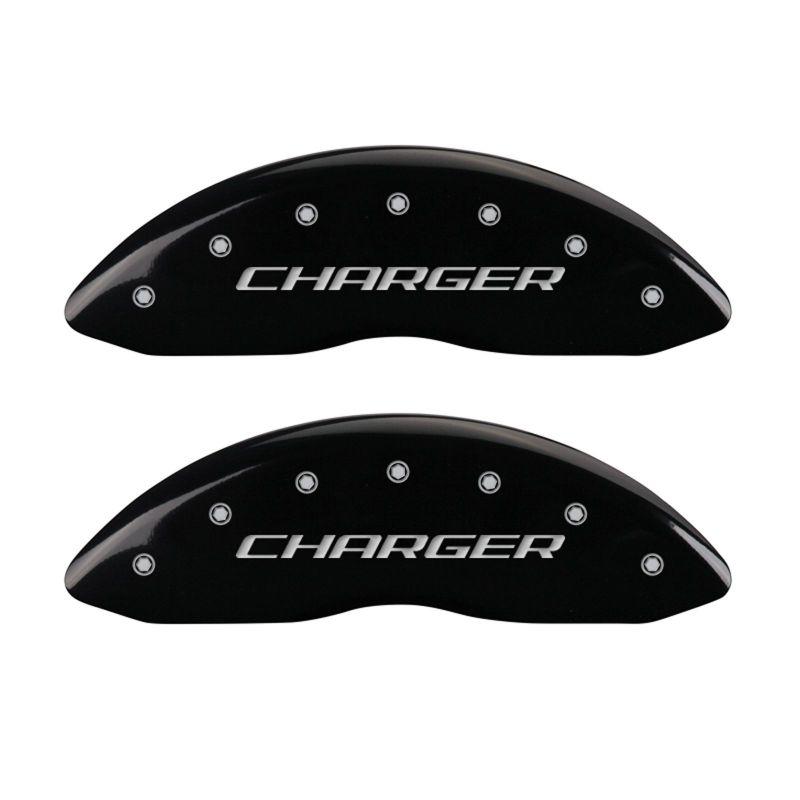 MGP 4 Caliper Covers Engraved Front Charger Engraved Rear RT Black finish silver ch 12001SCHRBK Main Image