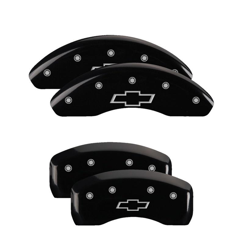 MGP 4 Caliper Covers Engraved Front & Rear Bowtie Black Finish Silver Char 2019 Chevrolet Malibu 14244SBOWBK Main Image