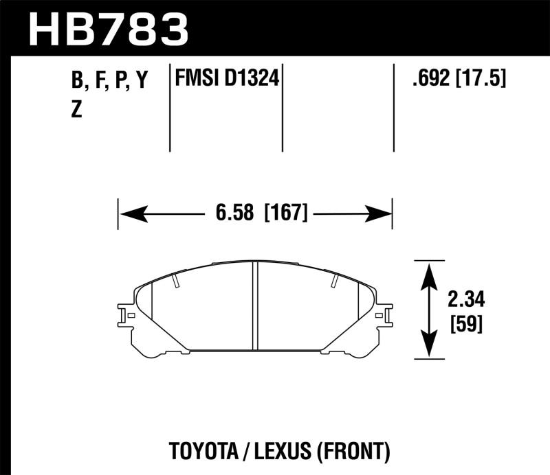 Hawk 08-16 Toyota Highlander Performance Ceramic Street Front Brake Pads HB783Z.692 Main Image