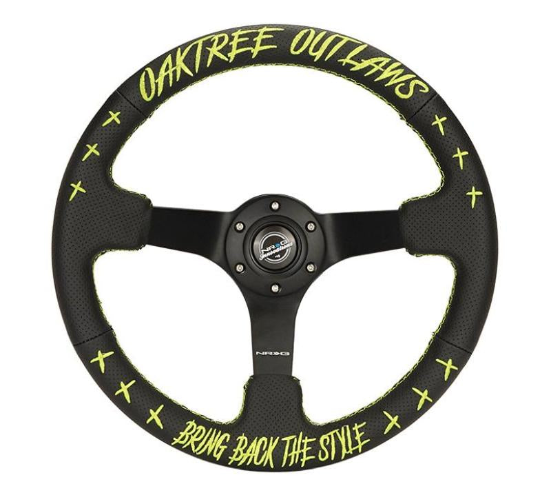 NRG Reinforced Steering Wheel - Oaktree Outlaw Collaboration Black Leather w/Neon Yellow Finish RST-036MB-YW-OTOL