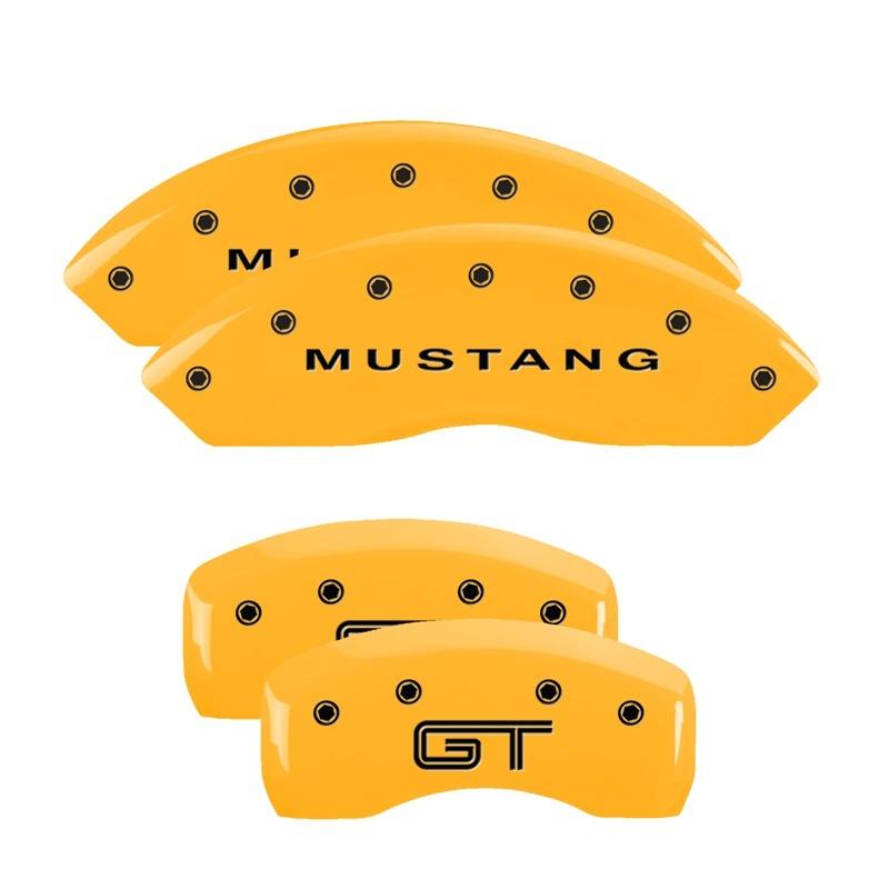 MGP 4 Caliper Covers Engraved Front Mustang Rear S197/GT Yellow Finish Black Char 2003 Ford Mustang 10017SMG2YL Main Image