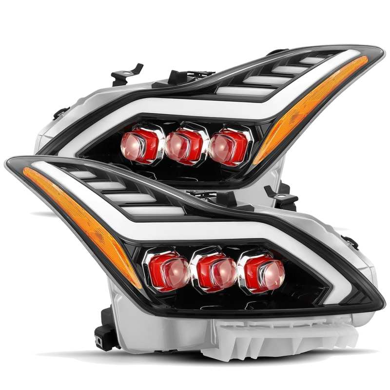 AlphaRex 08-13 Infiniti G37 NOVA LED Proj Headlights Plank Style Gloss Black w/Red LED/Activ/DRL 881991 Main Image