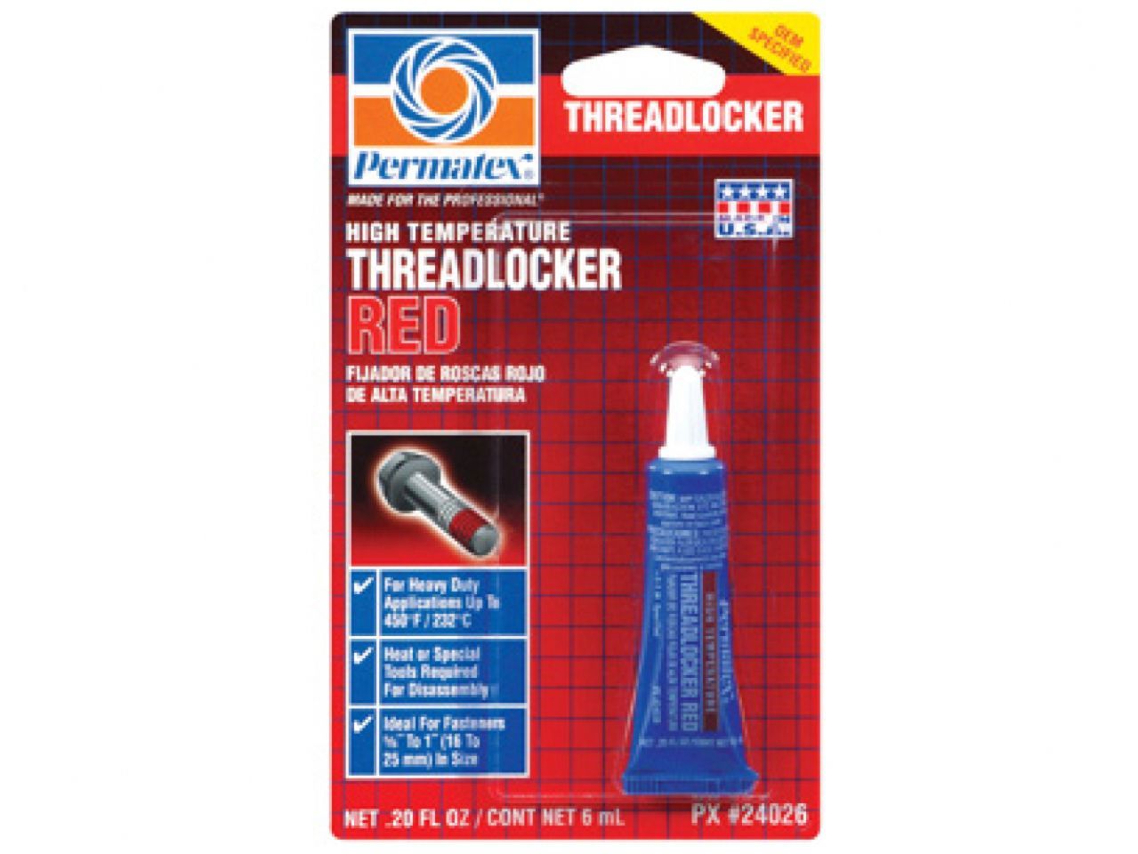 Permatex Hi-Temperature Threadlocker Red  , 10 mL bottle, carded, Each