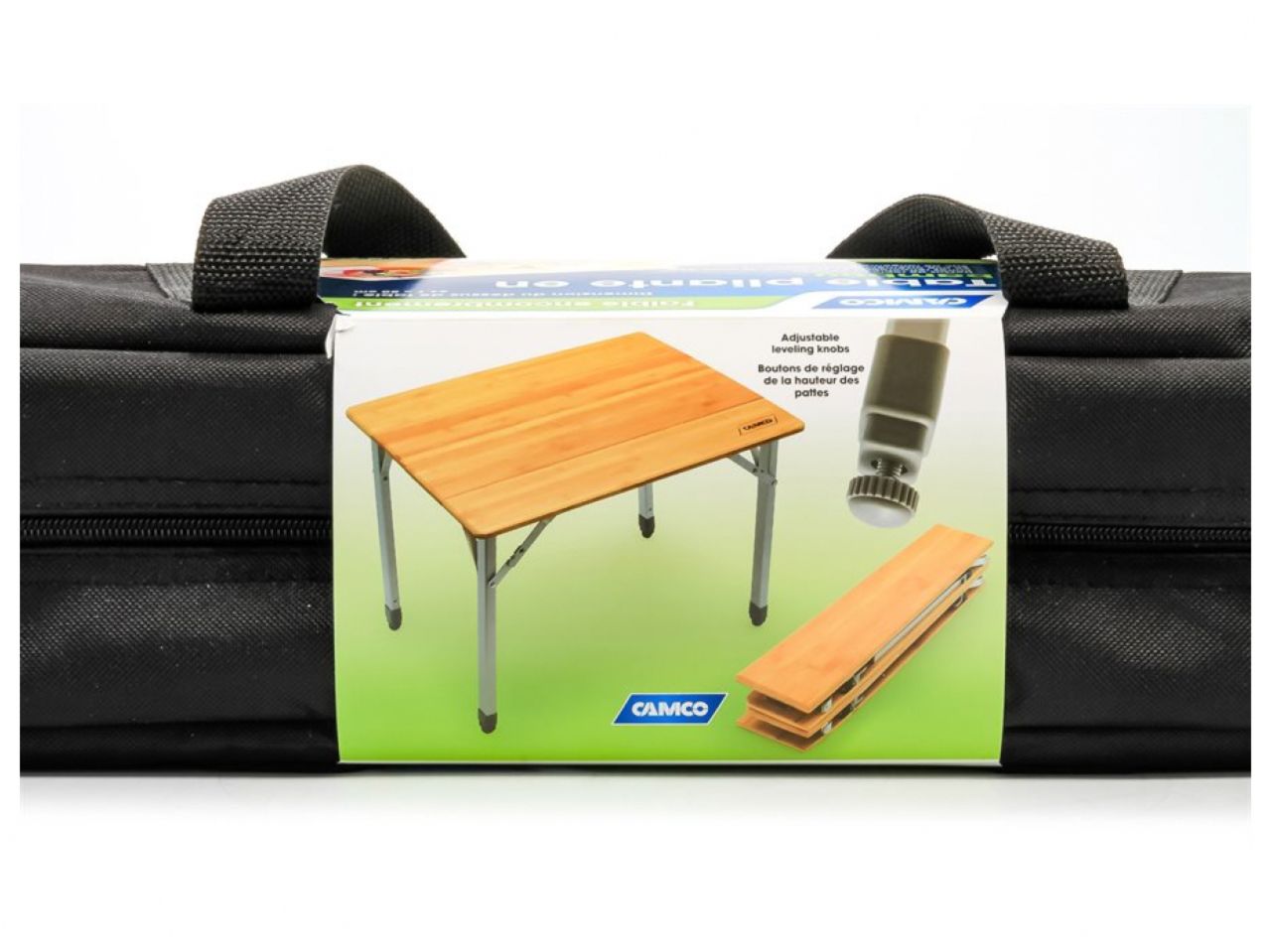 Camco Bamboo Folding Table - W / Al Legs,Adj,Cmpct(25.5x19.75x18-25.5)