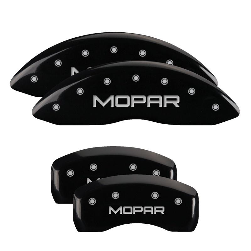 MGP 4 Caliper Covers Engraved Front & Rear MOPAR Black finish silver ch 42003SMOPBK Main Image