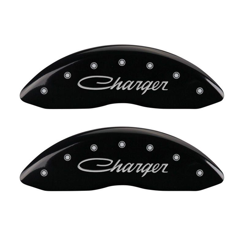 MGP 4 Caliper Covers Engraved Front & Rear Cursive/Charger Black finish silver ch 12088SCHSBK Main Image