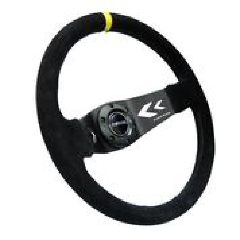 NRG Reinforced Steering Wheel (350mm / 3in. Deep) Blk Suede w/NRG Arrow Cut 2-Spoke & Yellow Mark RST-022S-Y