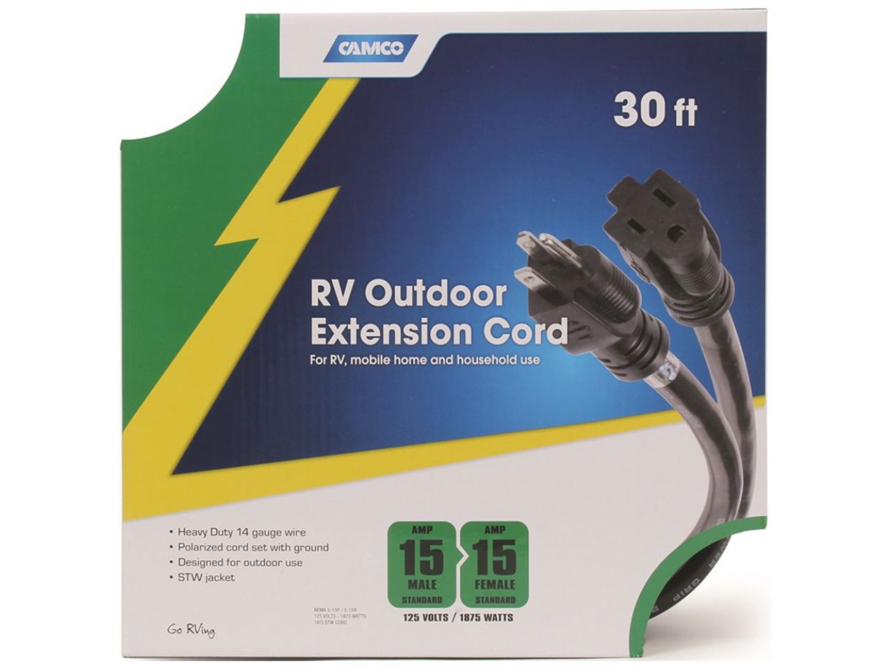 Camco 15 Amp  30' Extension Cord-Black 125V/1875W 14Ga Bilingual cULus