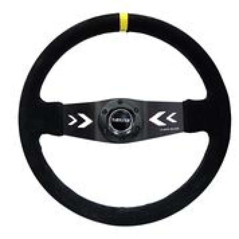 NRG Reinforced Steering Wheel (350mm / 3in. Deep) Blk Suede w/NRG Arrow Cut 2-Spoke & Yellow Mark RST-022S-Y