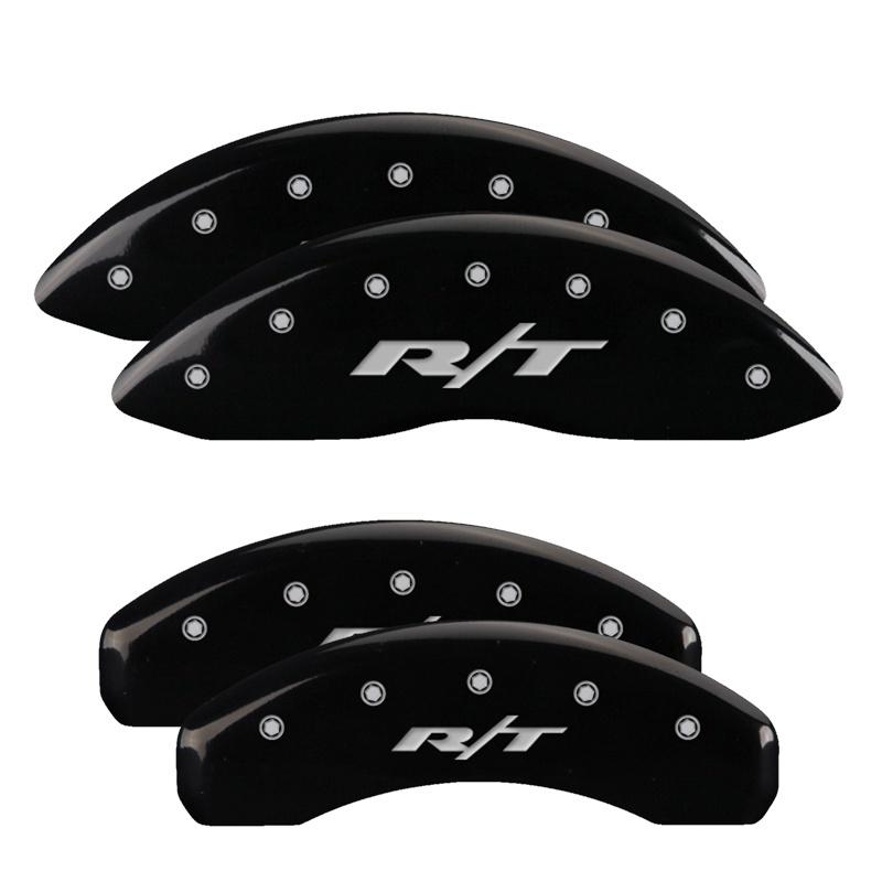 MGP 4 Caliper Covers Engraved Front & Rear 11-18 Dodge Durango Black Finish Silver RT1-Truck Logo 12204SRT1BK Main Image