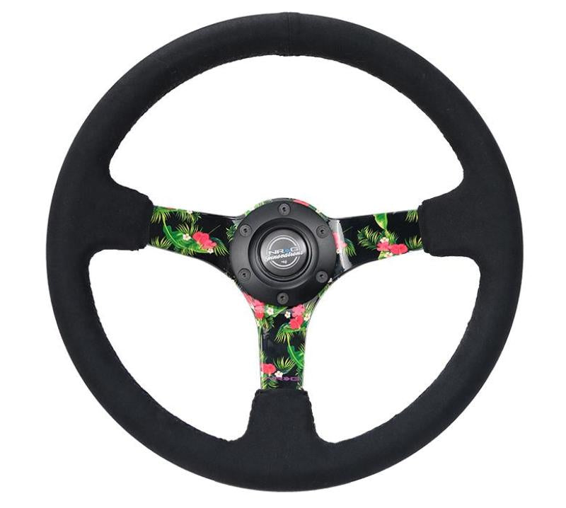 NRG Reinforced Steering Wheel (350mm / 3in. Deep) Black Suede w/ 5mm Floral 3-Spoke Center RST-036TROP-S