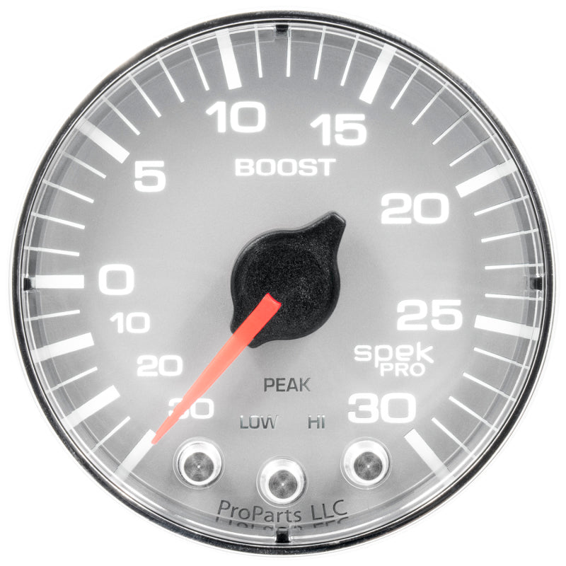 Autometer Spek-Pro Gauge Vac/Boost 2 1/16in 30Inhg-30psi Stepper Motor W/Peak & WarnSilver/Chrome P302218