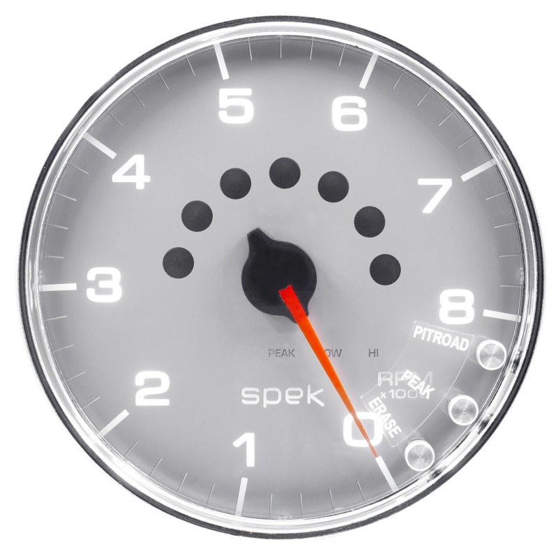 Autometer Spek-Pro Gauge Tachometer 5in 8K Rpm W/Shift Light & Peak Mem Silver/Chrome P23821