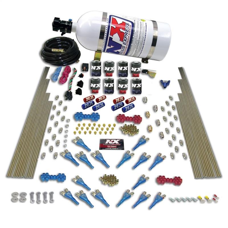 Nitrous Express Shark Dual Stage/Gas 16 Nozzles 8 Solenoids Nitrous Kit (200-1200HP) w/15lb Bottle 90008-15 Main Image