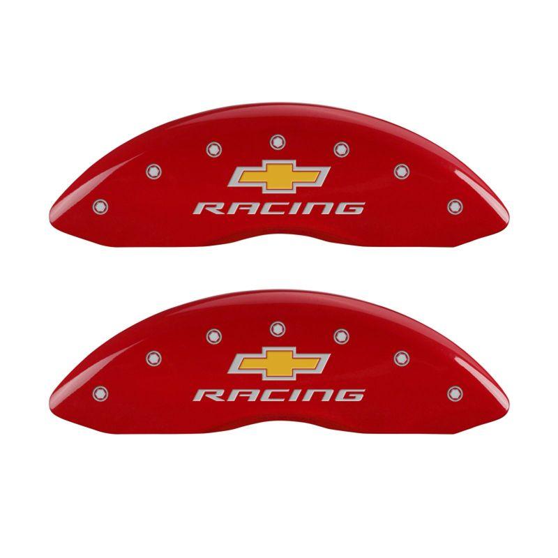 MGP 4 Caliper Covers Engraved Front & Rear Chevy racing Red finish silver ch 14231SBRCRD Main Image