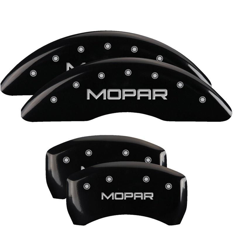 MGP 4 Caliper Covers Engraved Front & Rear MOPAR Black finish silver ch 42010SMOPBK Main Image