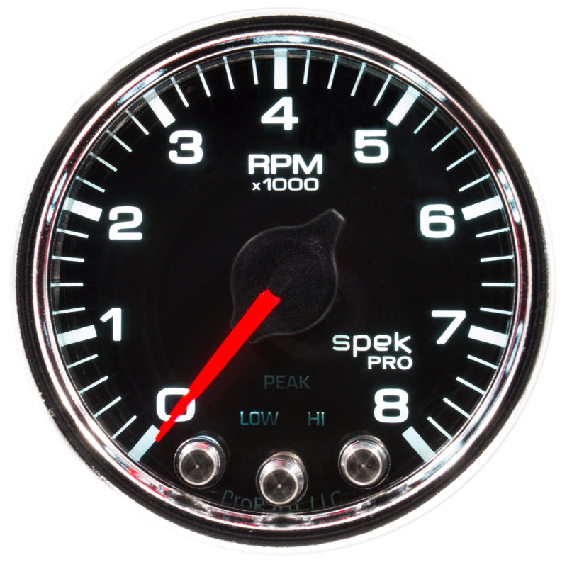 Autometer Spek-Pro Gauge Tach 2 1/16in 8K Rpm W/ Shift Light & Peak Mem Blk/Chrm P33431