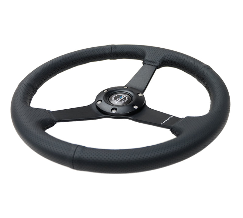 NRG Sport Steering Wheel (350mm / 1.5in Deep) Black Leather Black Stitch w/Matte Black Solid Spokes RST-037MB-PR