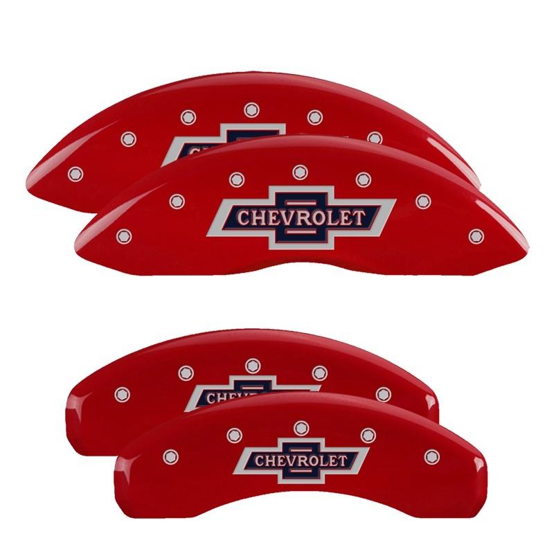 MGP 4 Caliper Covers Engraved F & R 100 Anniversary Red Finish Silver Char 2019 Chevy Silverado 1500 14252SBANRD Main Image