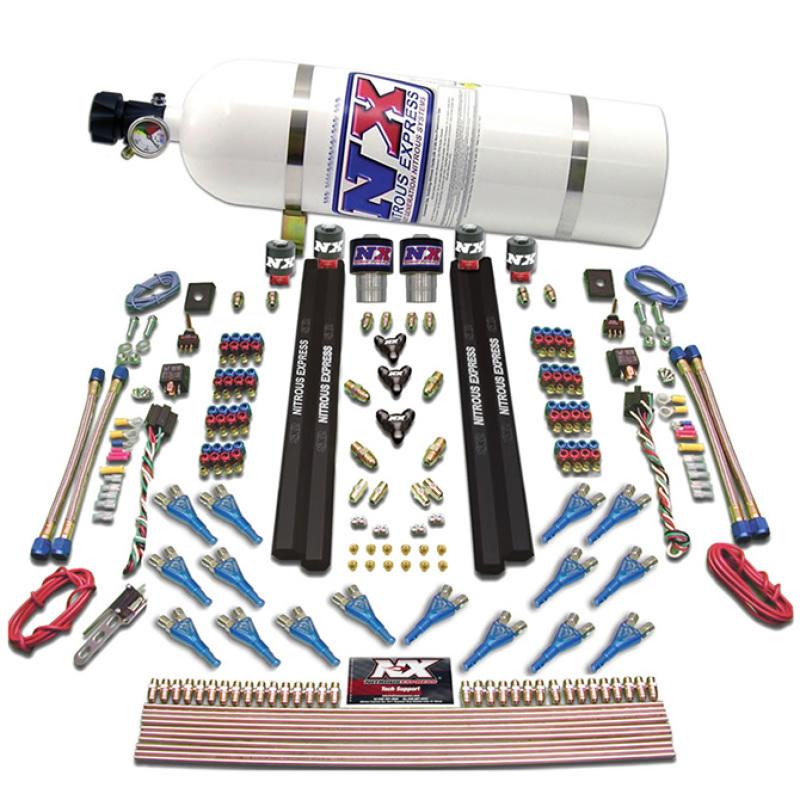 Nitrous Express Shark Dual Stage/Gas/Rails 16 Nozzles Nitrous Kit (200-1200HP) w/15lb Bottle 90208-15 Main Image