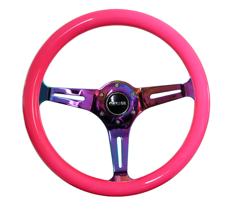 NRG Classic Wood Grain Steering Wheel (350mm) Neon Pink Painted Grip w/Neochrome 3-Spoke Center ST-015MC-NPK