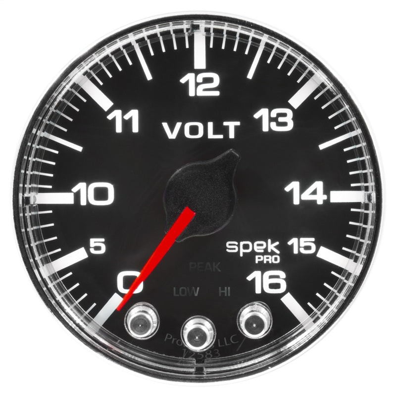 Autometer Spek-Pro Gauge Voltmeter 2 1/16in 16V Stepper Motor W/Peak & Warn Blk/Chrm P344318