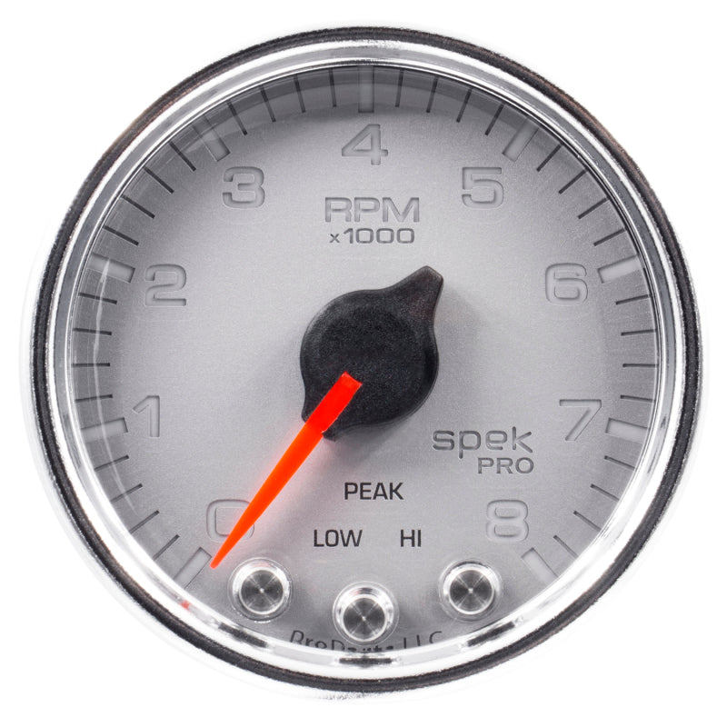 Autometer Spek-Pro Gauge Tach 2 1/16in 8K Rpm W/ Shift Light & Peak Mem Slvr/Chrm P33421