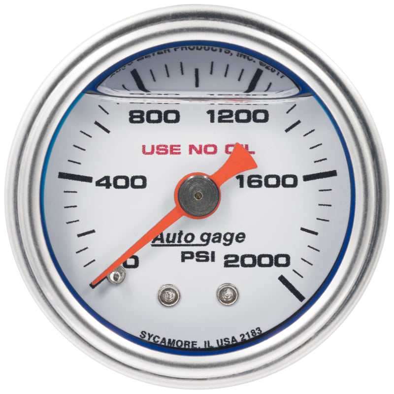 Autometer AutoGage 1.5in Liquid Filled Mechanical 0-2000 PSI Fuel Pressure Gauge - White 2183