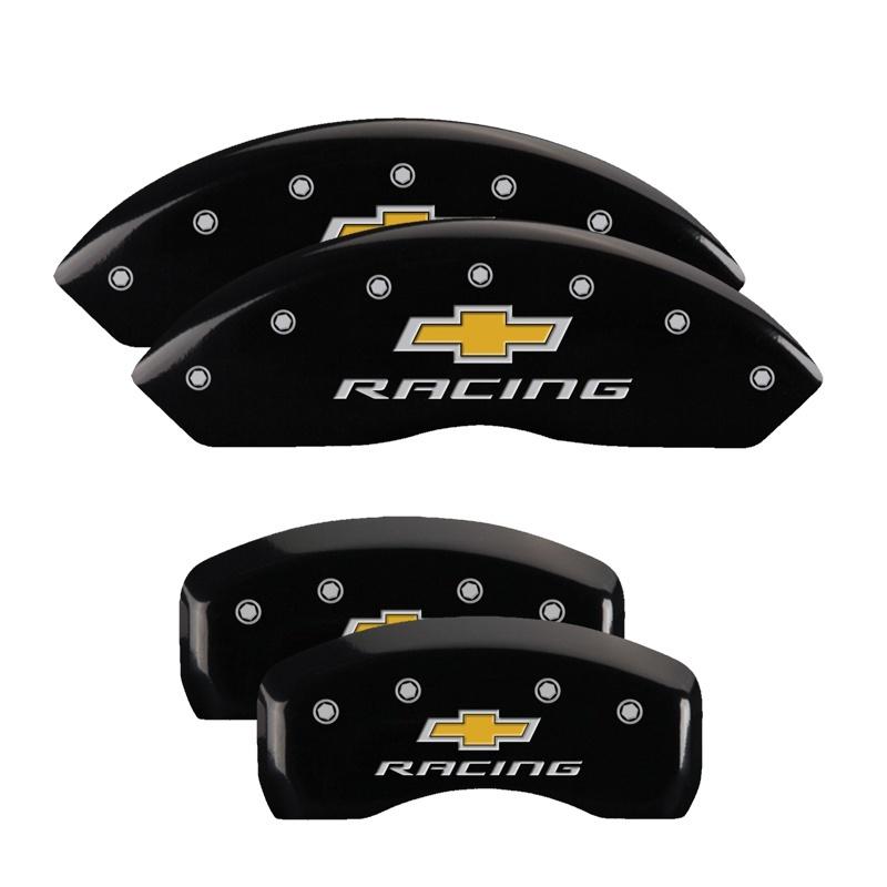 MGP 4 Caliper Covers Engraved Front & Rear Chevy racing Black finish silver ch 13007SBRCBK Main Image