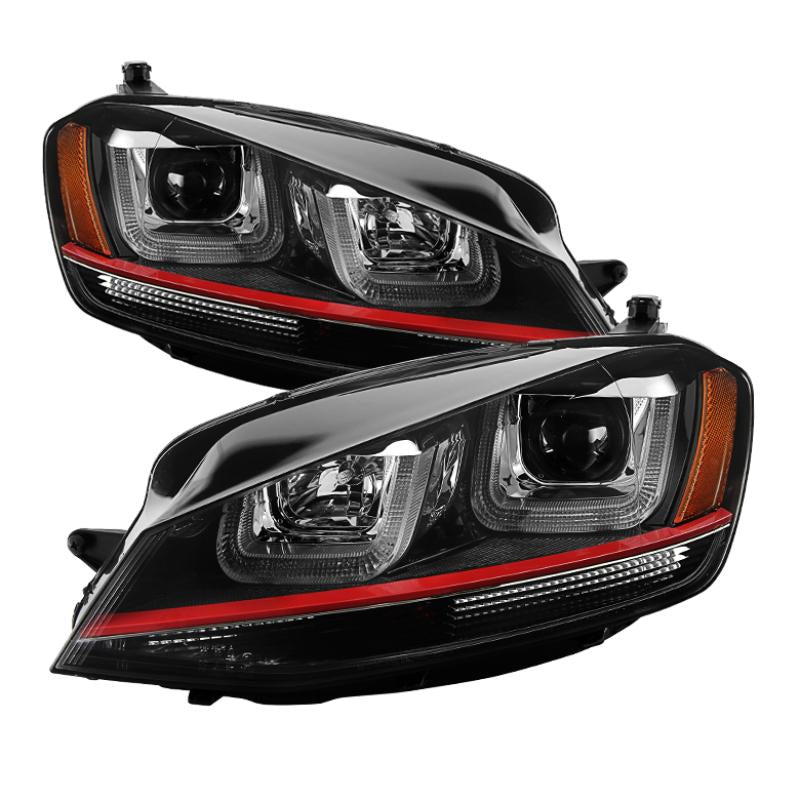 Spyder Volkswagen Golf VII 14-16 Projector Headlights DRL LED Red Stripe Blk PRO-YD-VG15-RED-DRL-BK 5080592 Main Image