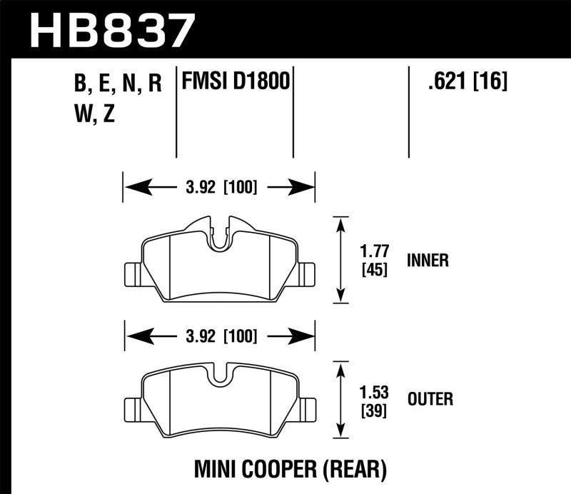 Hawk 14-19 Mini Cooper Blue 9012 Rear Motorsports Brake Pads HB837E.621 Main Image