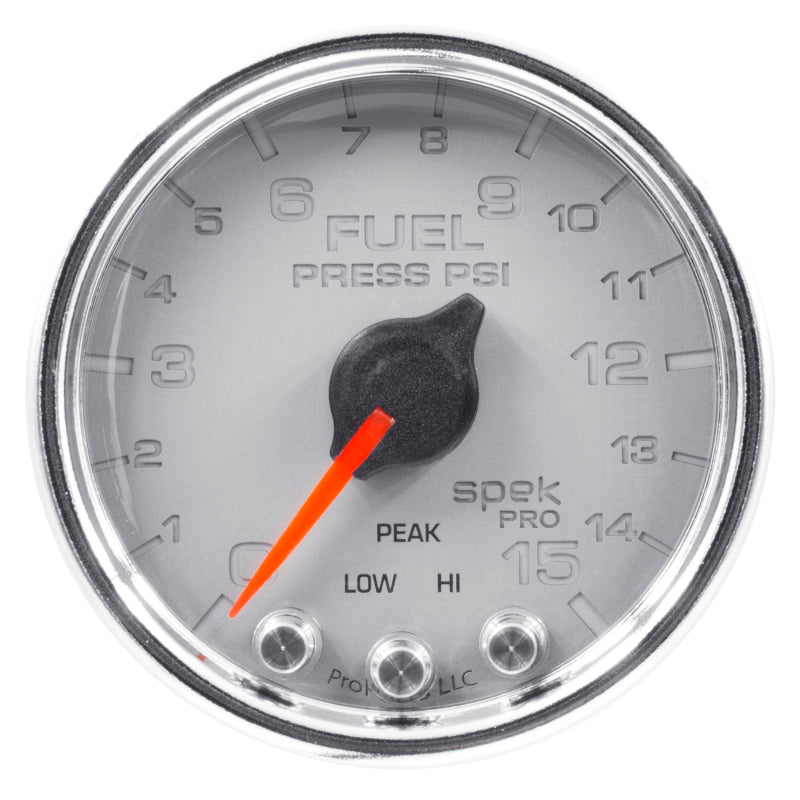 Autometer Spek-Pro Gauge Fuel Press 2 1/16in 15psi Stepper Motor W/Peak & Warn Slvr/Chrm P31521