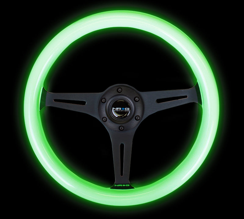 NRG Classic Wood Grain Wheel - 350mm 3 black spokes - Glow-n-the-dark grip