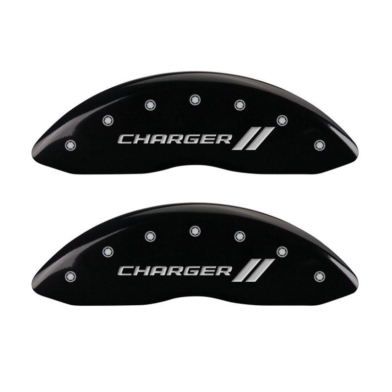 MGP 4 Caliper Covers Engraved Front & Rear With stripes/Charger Black finish silver ch 12088SCH1BK Main Image