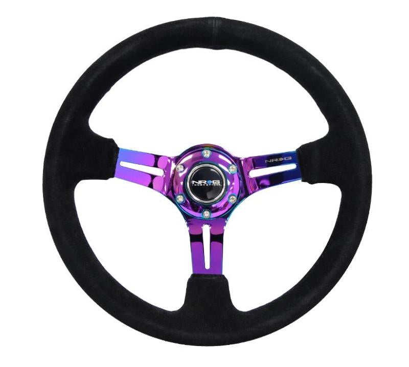 NRG Reinforced Steering Wheel (350mm / 3in. Deep) Blk Suede/Red Stitch w/Neochrome Slits RST-018S-MCRS