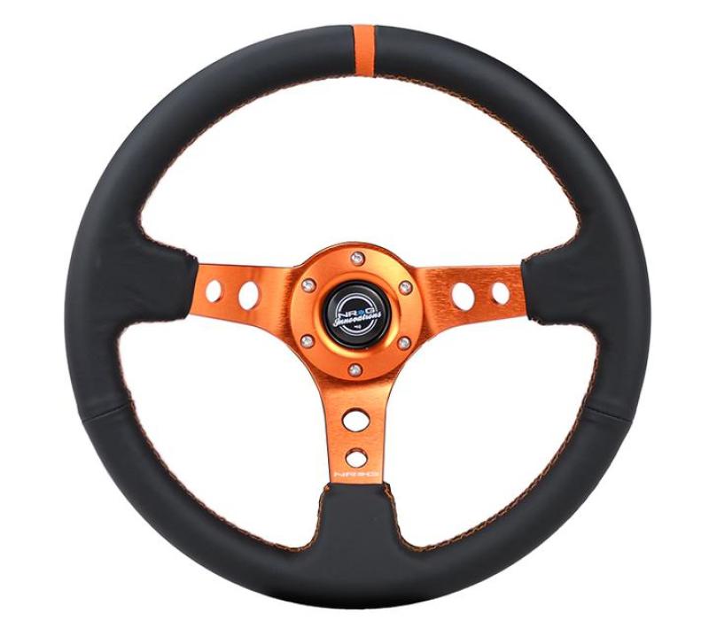 NRG Reinforce Steering Wheel (350mm / 3in. Deep) Blk Leather, Orange Center Mark w/ Orange Stitching RST-006OR