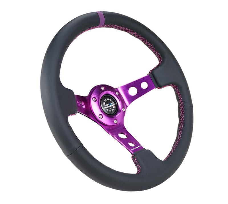 NRG Reinforced Steering Wheel (350mm / 3in. Deep) Black Leather w/Purple Center & Purple Stitching RST-006PP Main Image